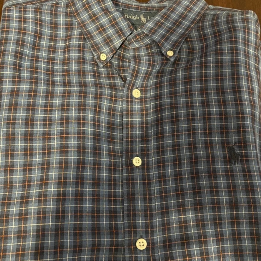 POLO RL BLUE & ORANGE CHECK LONG SLEEVE BUTTON DOWN SHIRT/SIZE 2XL/NEVER WORN!!!